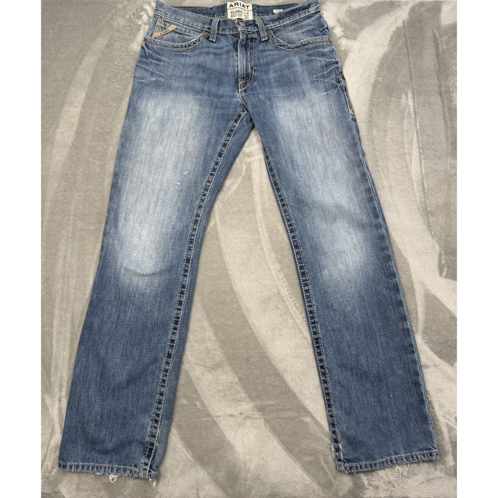 Ariat M4 Jeans Mens 31x34 Blue Denim Bootcut Stretch Distressed Western Cowboy